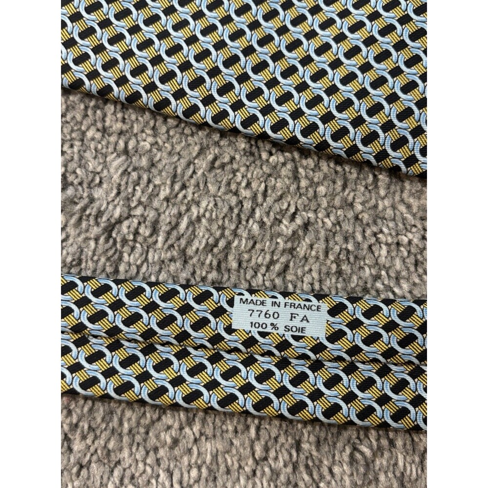 Hermes Silk Tie Yellow Blue Geometric Pattern 7760 - Picture 3 of 5